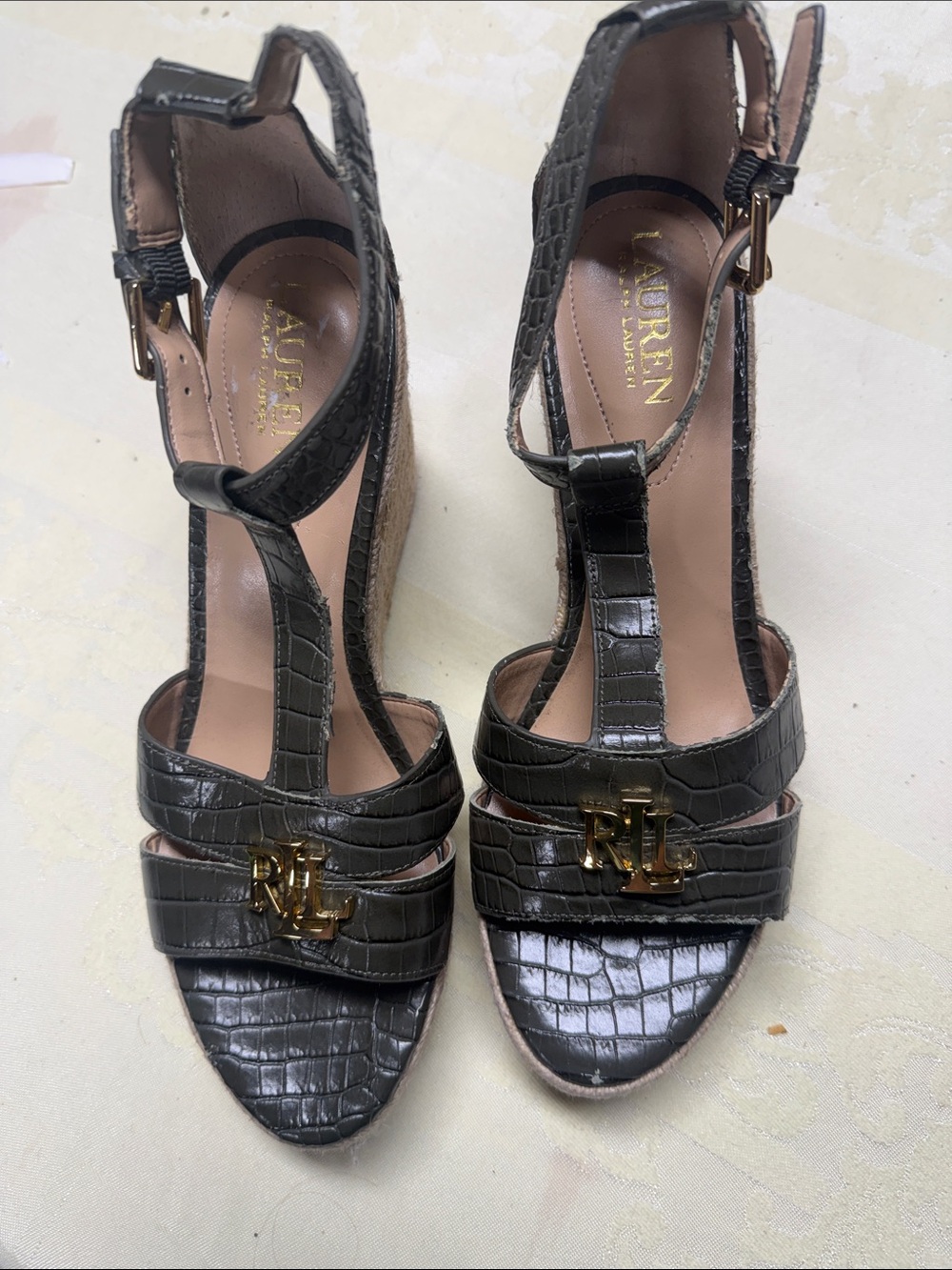 Lauren Ralph Lauren Olive Croc-Effect Wedge Espadrilles with Gold Hardware